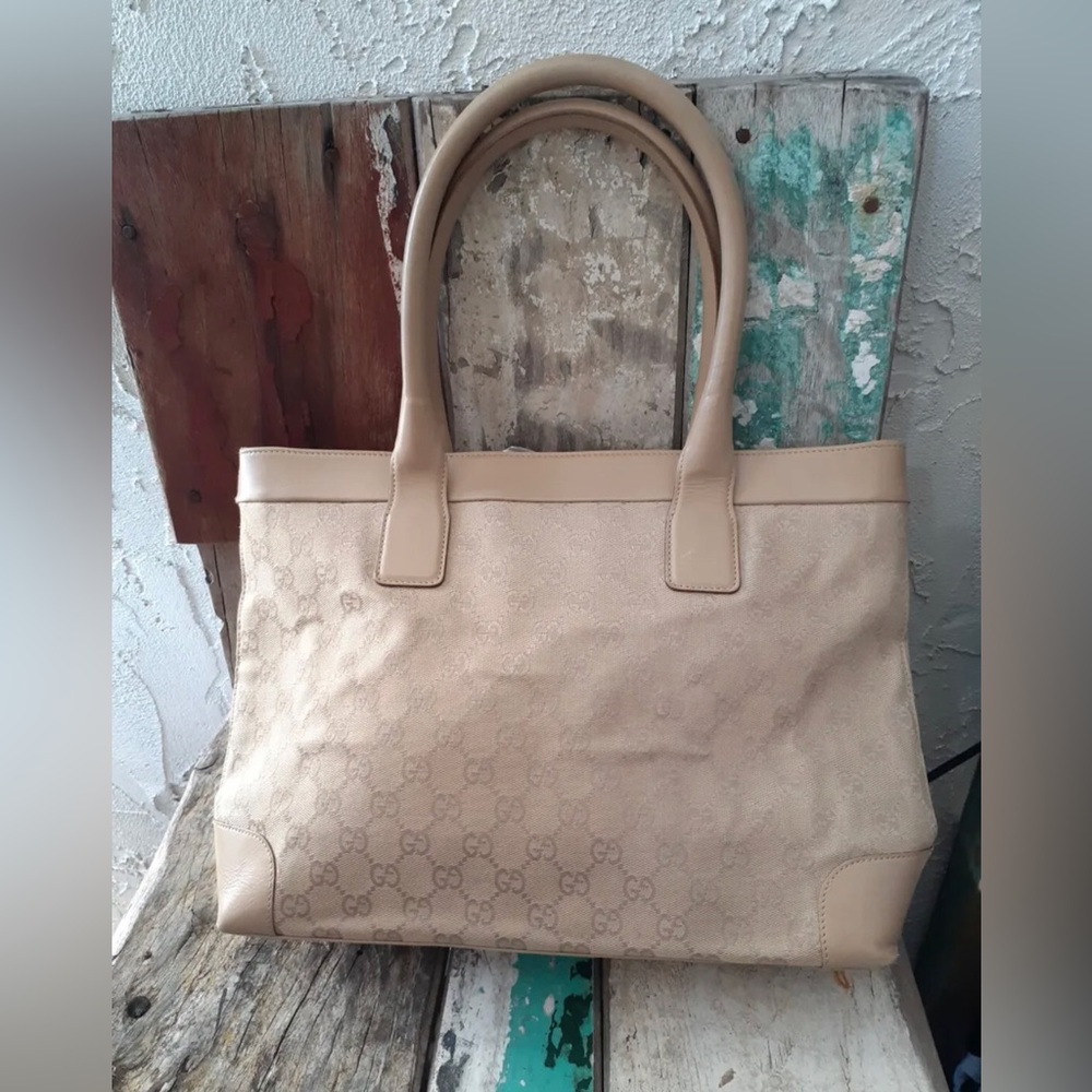 Vintage Gucci GG monogram purse tote cream canvas & leather AUTHENTIC